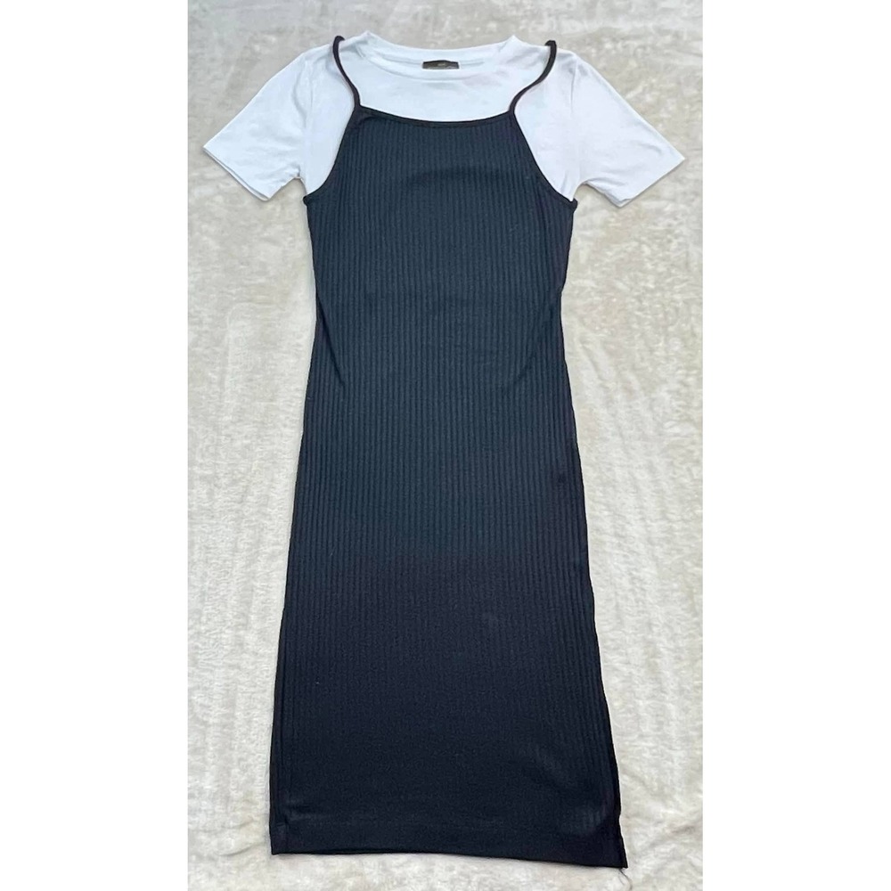 Topshop Petite 2-in-1 Ribbed Cami T-Shirt Midi Dress Black White Size US 2